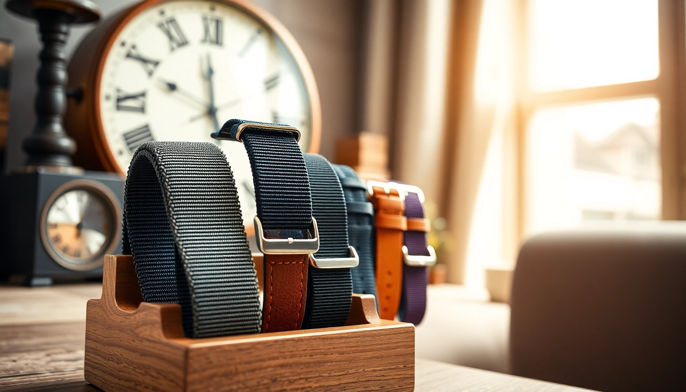 Showcasing a variety of high-quality NATO watch straps UK on a wooden stand for wristwatch enthusiasts.