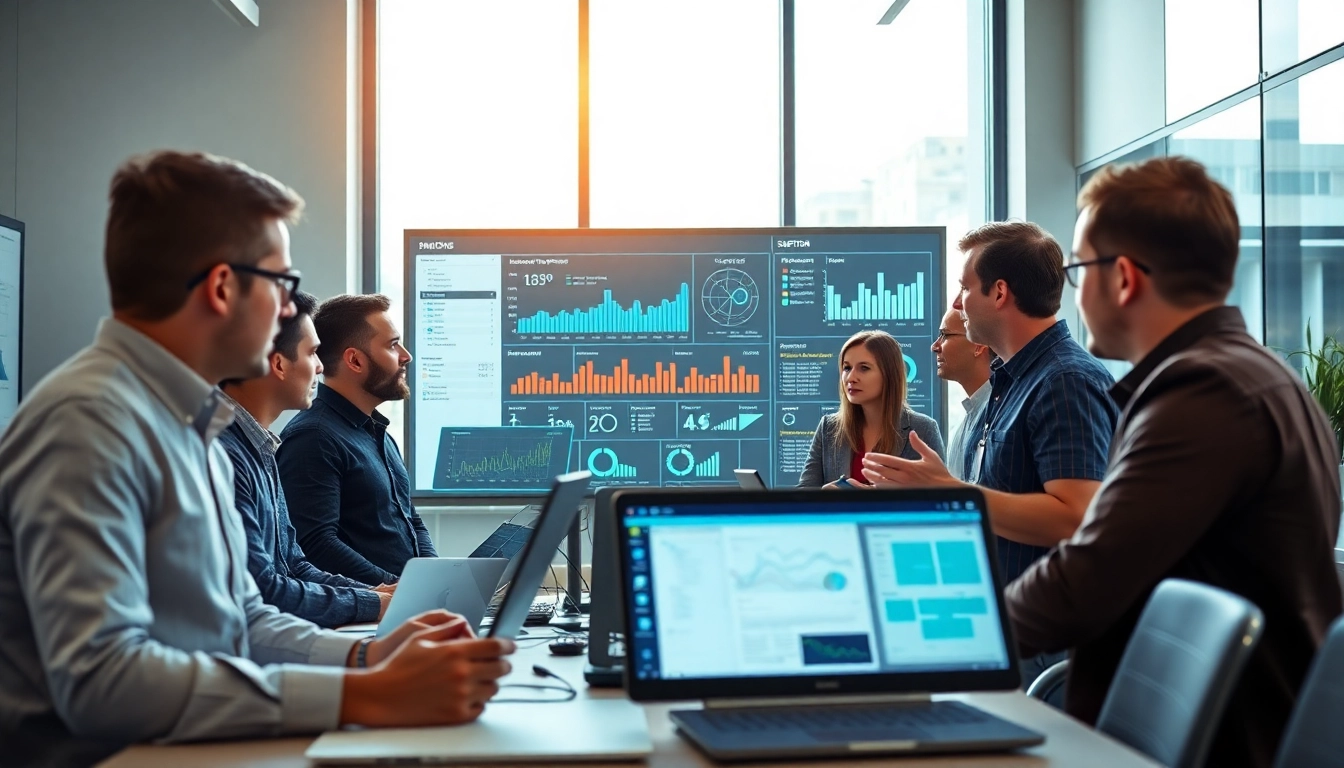 Site reliability engineering experts collaborating around digital metrics in a modern office.