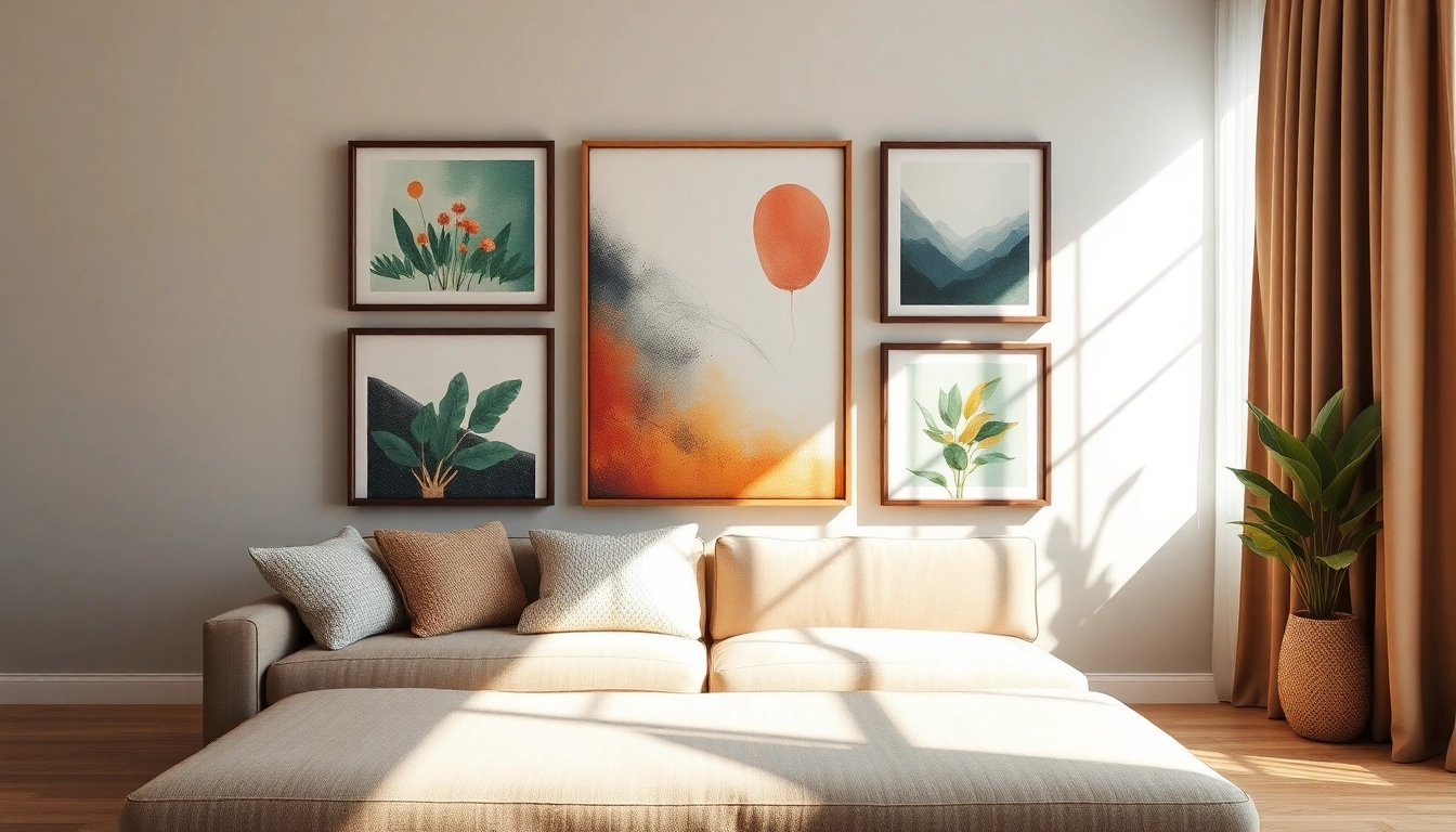Enhance your space with framed wall art that combines abstract and nature themes in a modern setting.