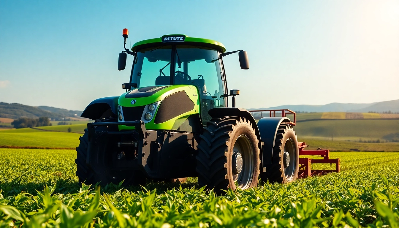 Deutz Fahr tractor working efficiently in a vibrant agricultural field.