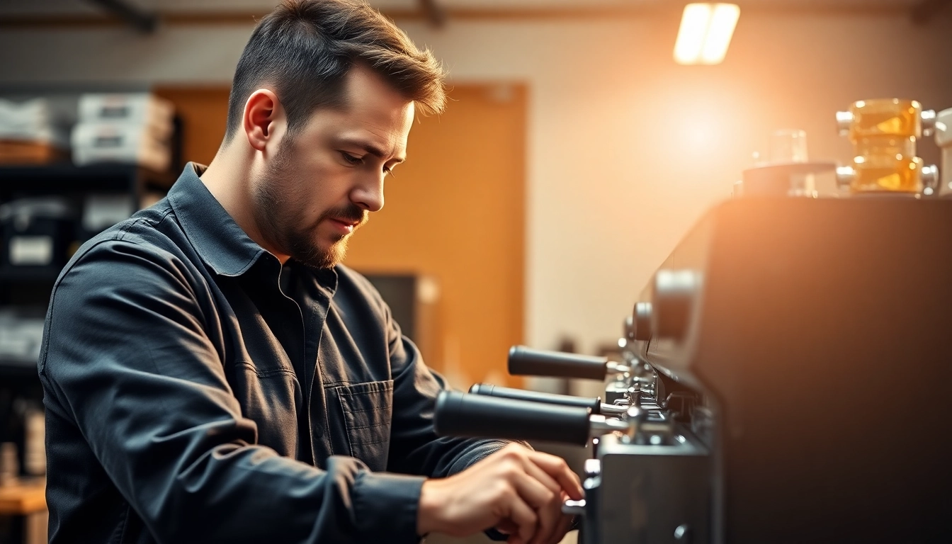 Cimbali service technique in action with a technician repairing an espresso machine.