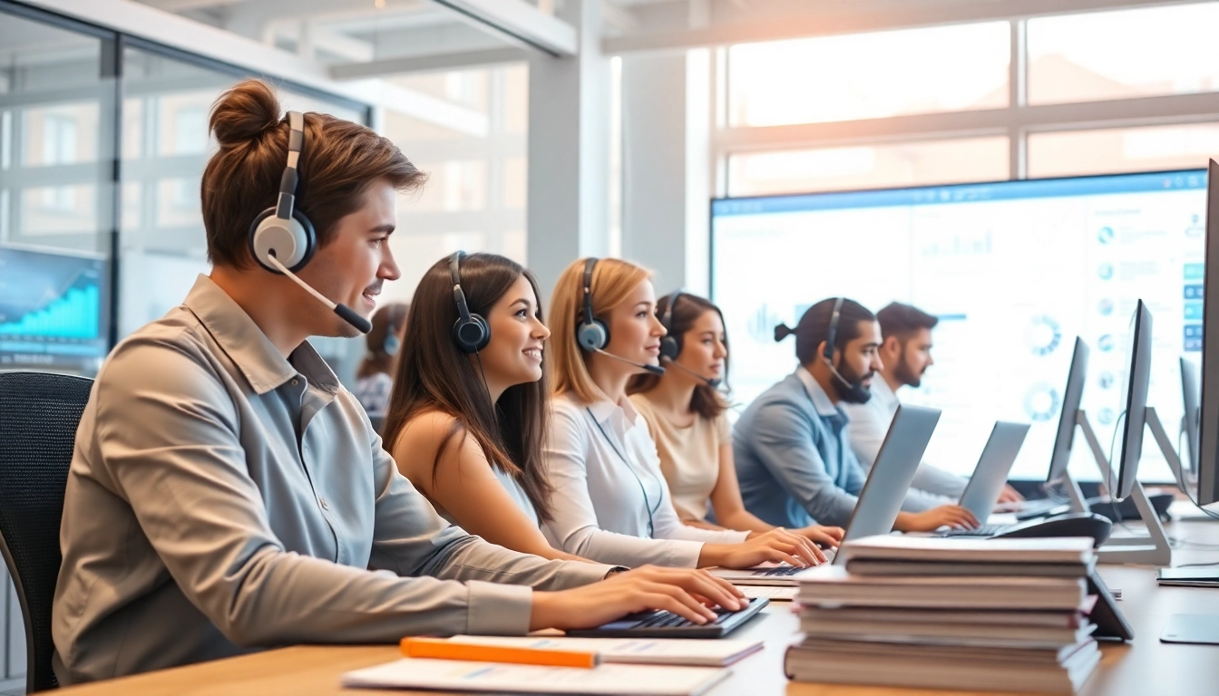 Engaged helpdesk support team collaborating in a modern office to assist clients.