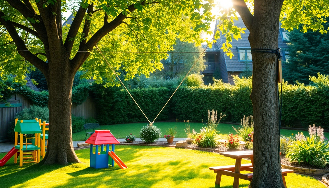 Engaging scene showcasing a GARDEN ZIP WIRE KIT installed between trees in a sunny backyard.