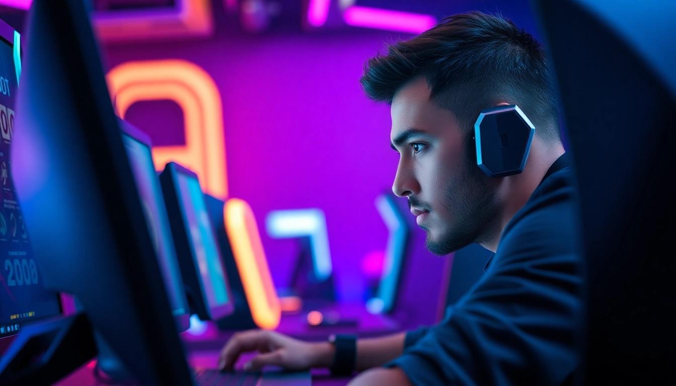 Masuk ke situs login batman138 dengan gamer fokus dan lingkungan permainan futuristik.