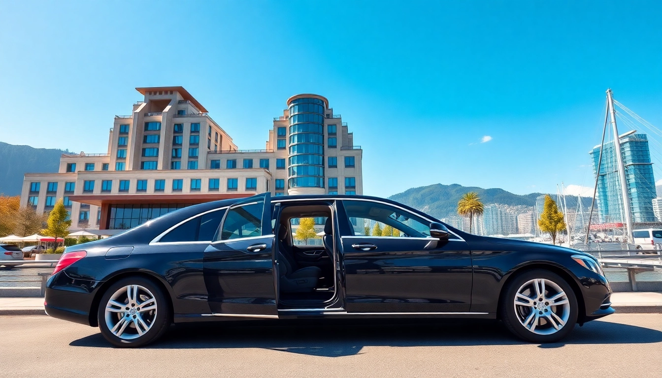 Experience premium car service vancouver bc with a luxurious black car at a scenic Vancouver location.