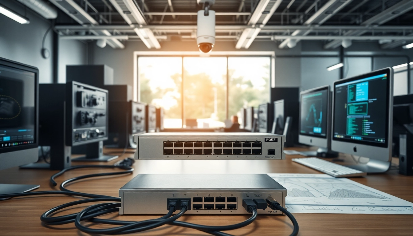 Install a high-performance POE Switch in a modern office with sleek technology.