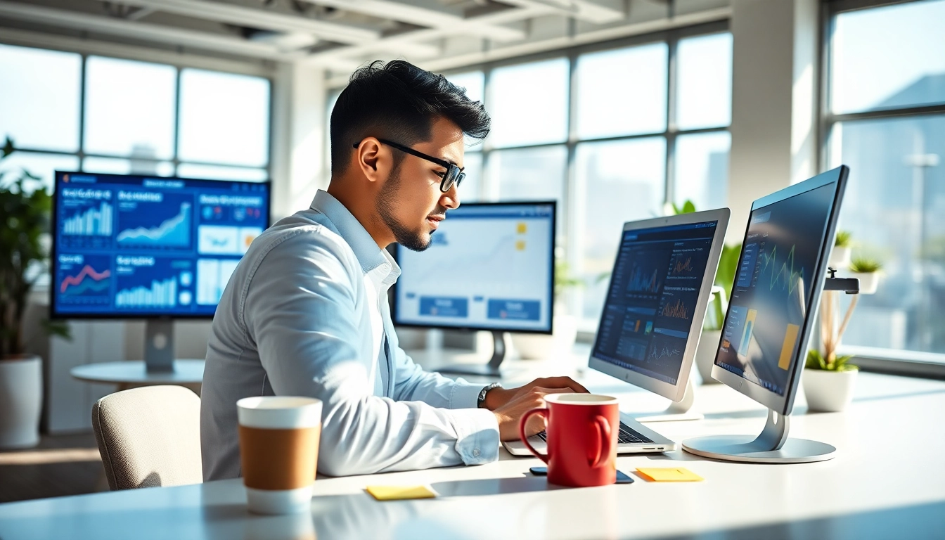 Showcasing social media and blog automation process with a digital marketer in a tech-savvy office.