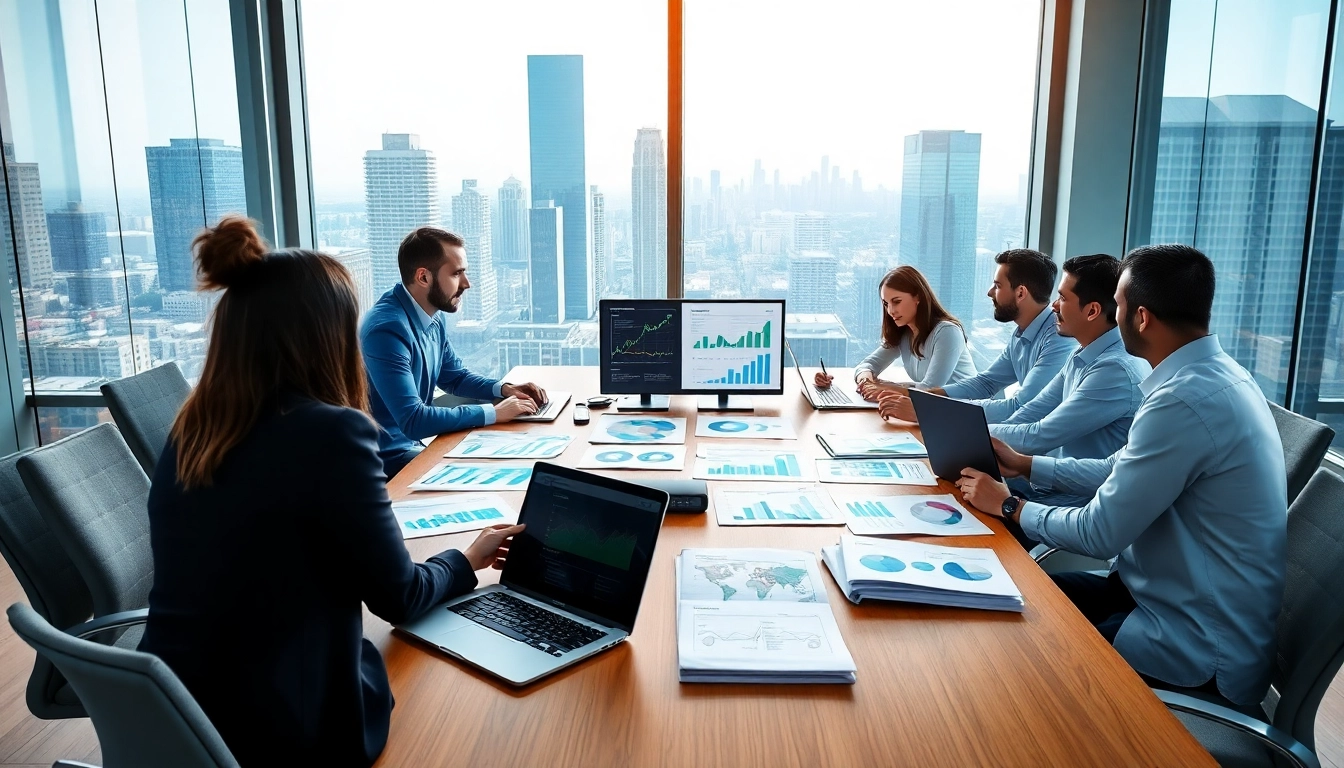 Team analyzing Competitive intelligence data in a modern office setting with strategic charts.