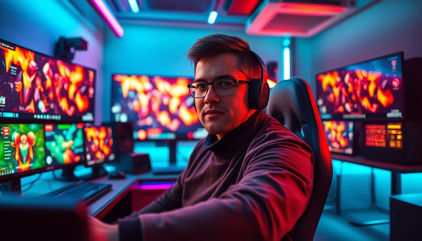 Menggambarkan situs resmi batman138 dengan gamer di setup gaming modern dan atmosfer yang energik.