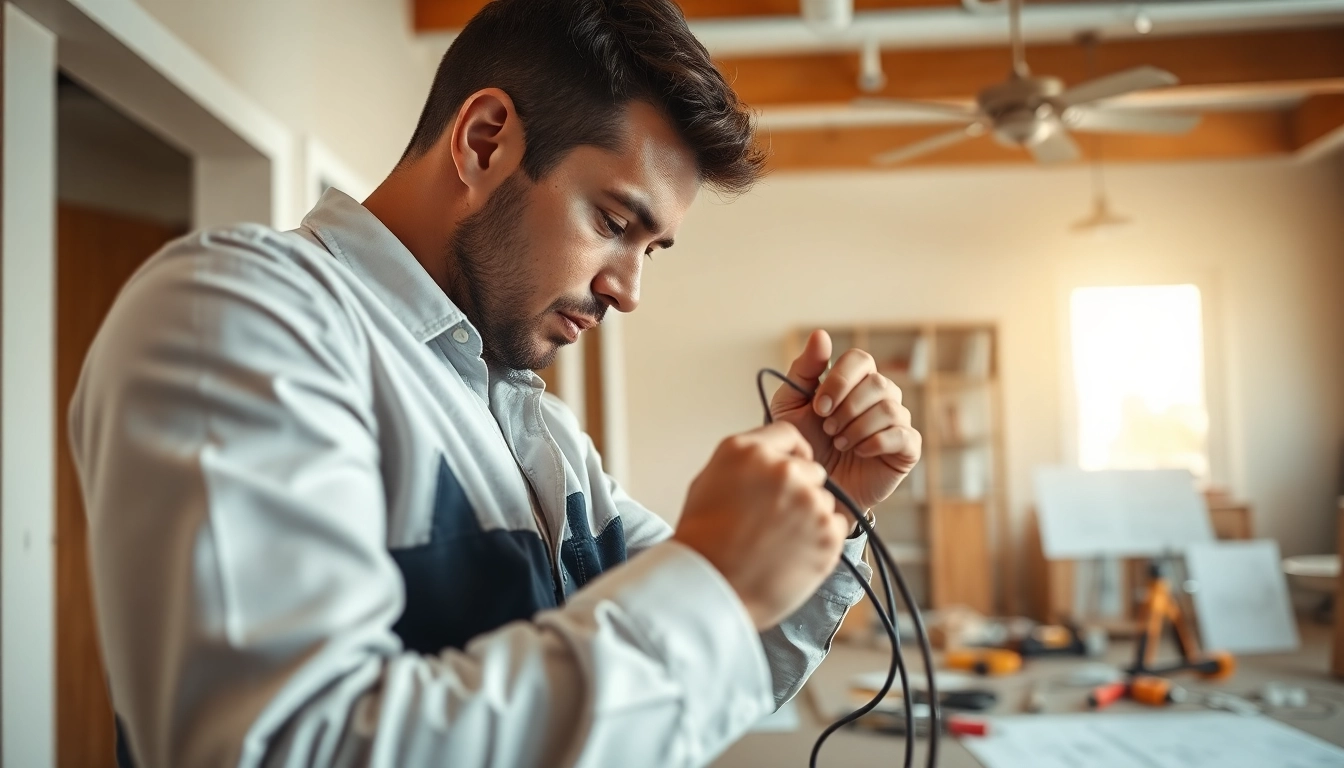 Electrical Contractor connecting wires in a professional workspace with tools and blueprints.
