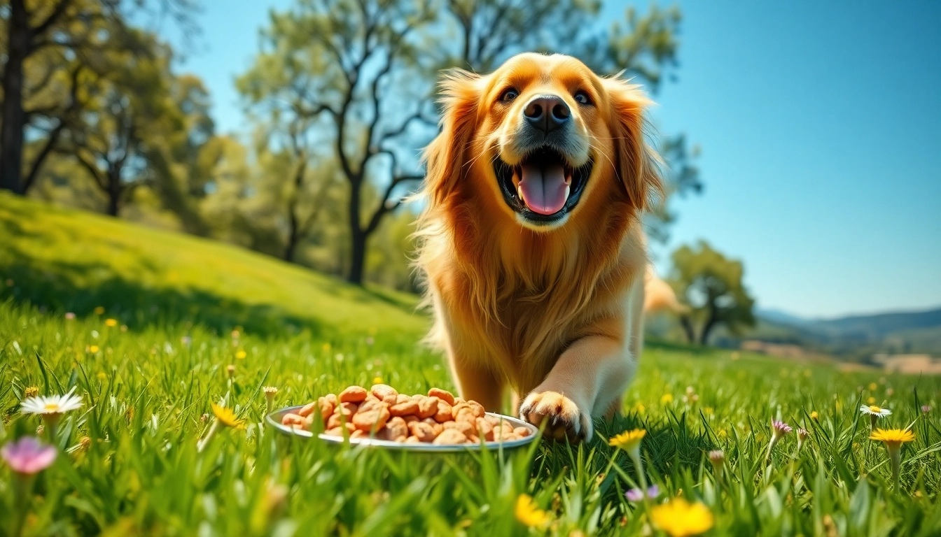 Feeding a happy dog nature's blend dog food canada in a sunny outdoor setting.