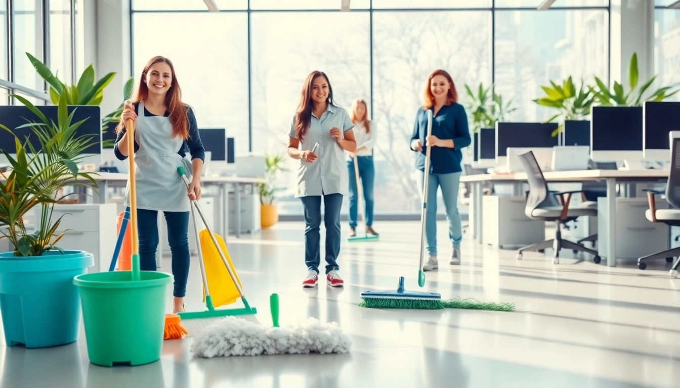 Efficient office cleaning services Melbourne showcased by a dedicated cleaning team in a bright office.