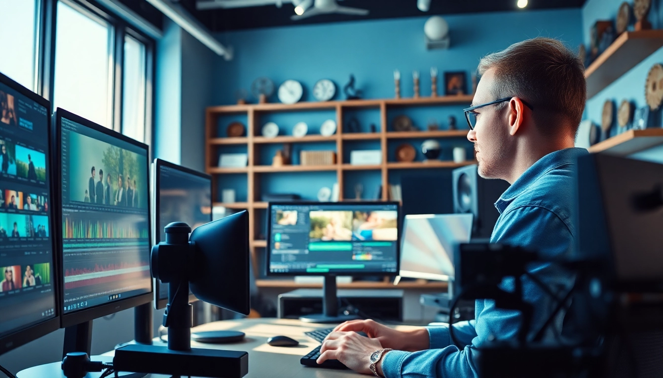 Editing & Post-Production in a modern studio with a video editor focused on film editing.