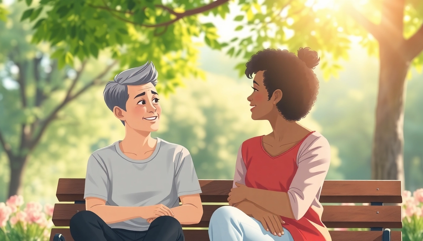 Two individuals communicating in relationships, showcasing empathy and understanding in a peaceful park.