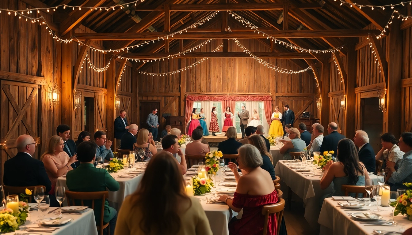 Enjoying a delightful evening at barn dinner theater with festive ambiance and gourmet food.
