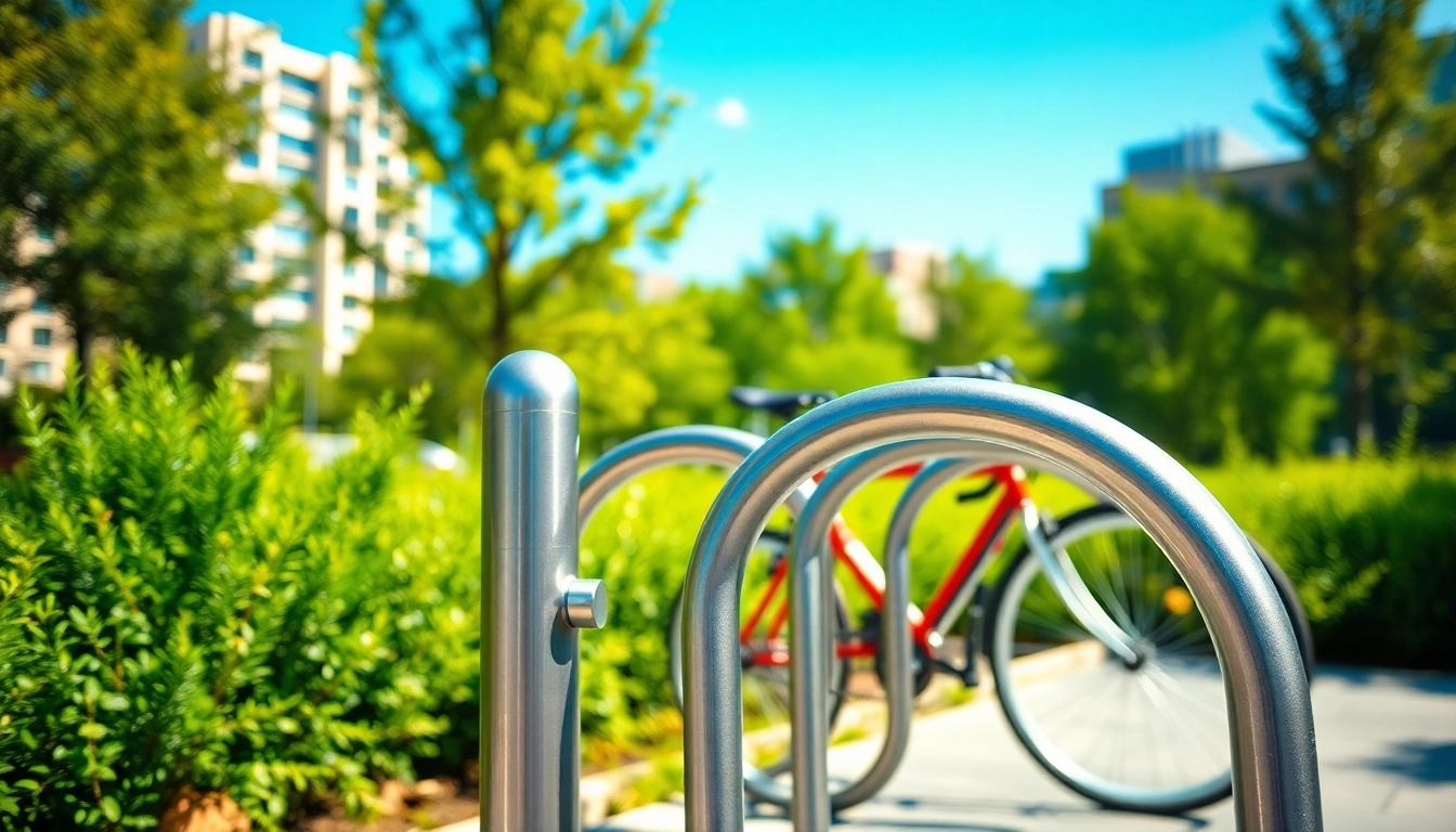 Modern bike rack elegantly designed in a bright urban park, enhancing bike parking solutions.