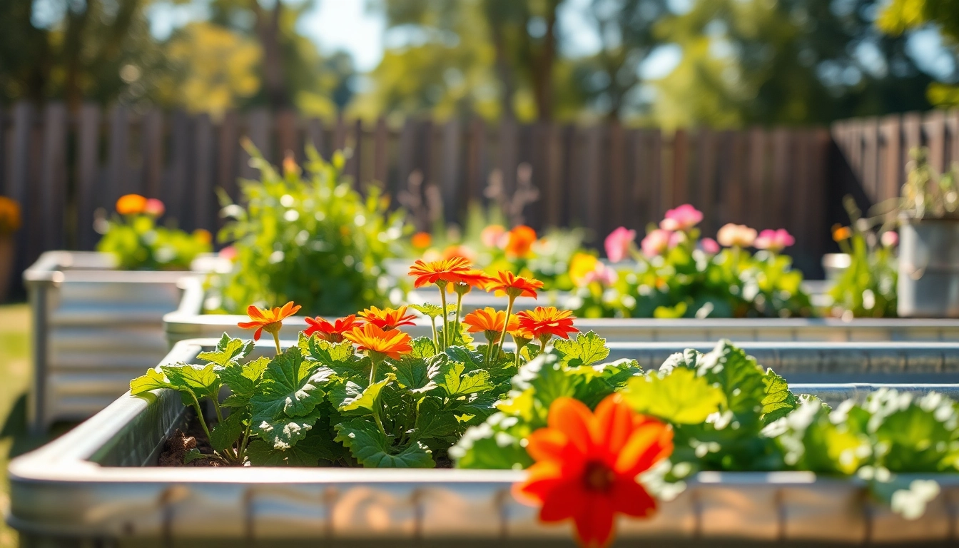 Beautifully blooming vegetables and flowers in galvanized raised beds showcasing vibrant growth.