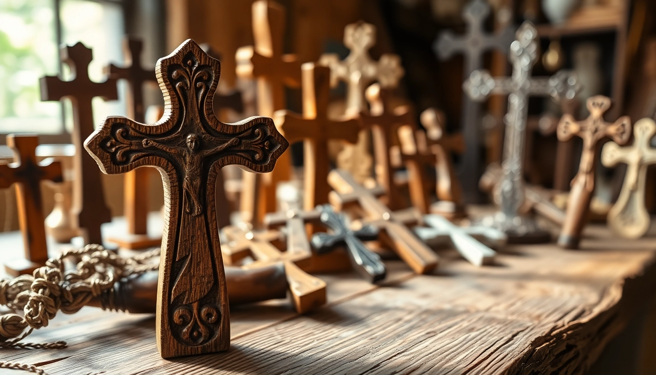Admire exquisite handmade crosses with intricate designs on a rustic wooden table.
