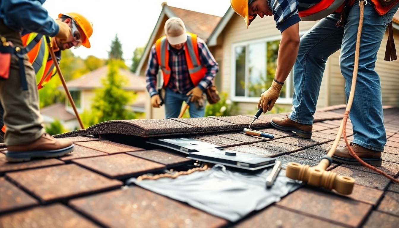 Roof repair Vancouver Wa team fixing a damaged roof on a residential home, highlighting local services.