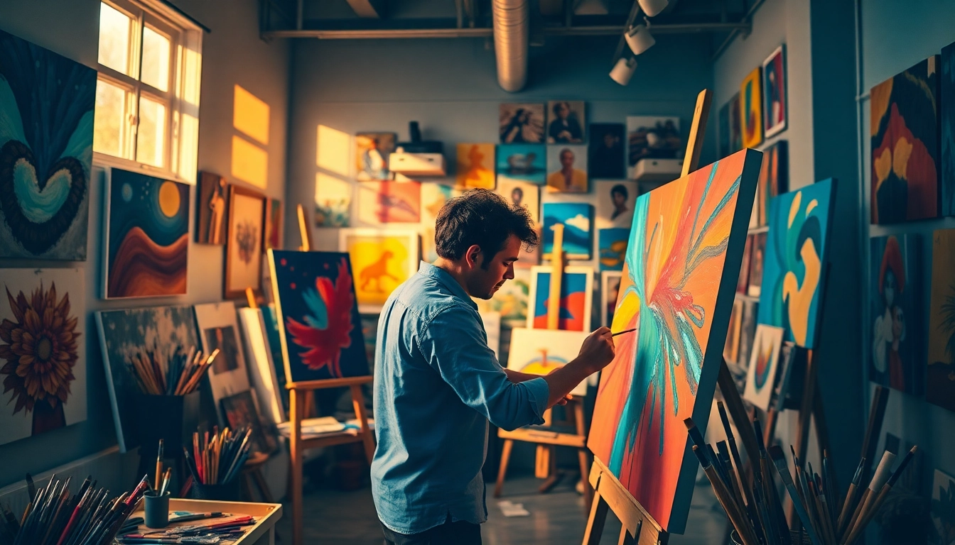 Mastering art lessons with an artist painting in a colorful studio filled with vibrant supplies.