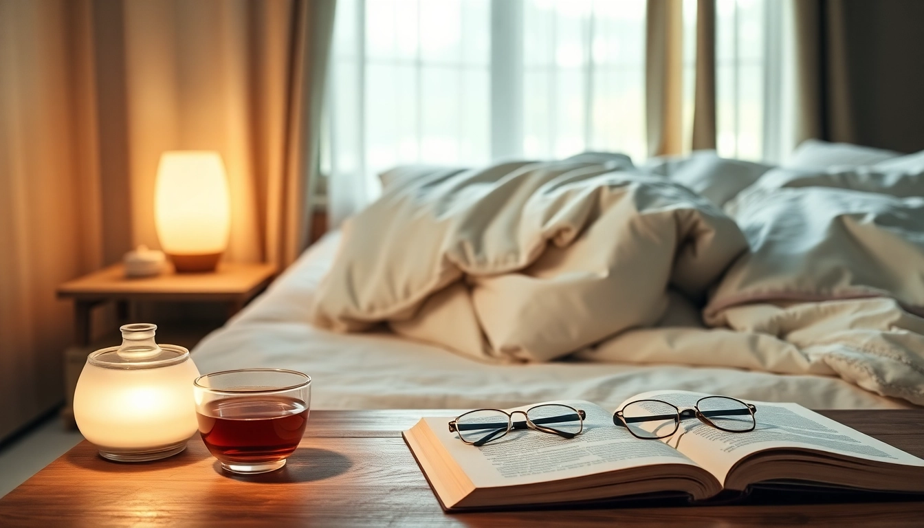Relax in soft Bamboo pajamas on a cozy bed with warm lighting and a calming atmosphere.