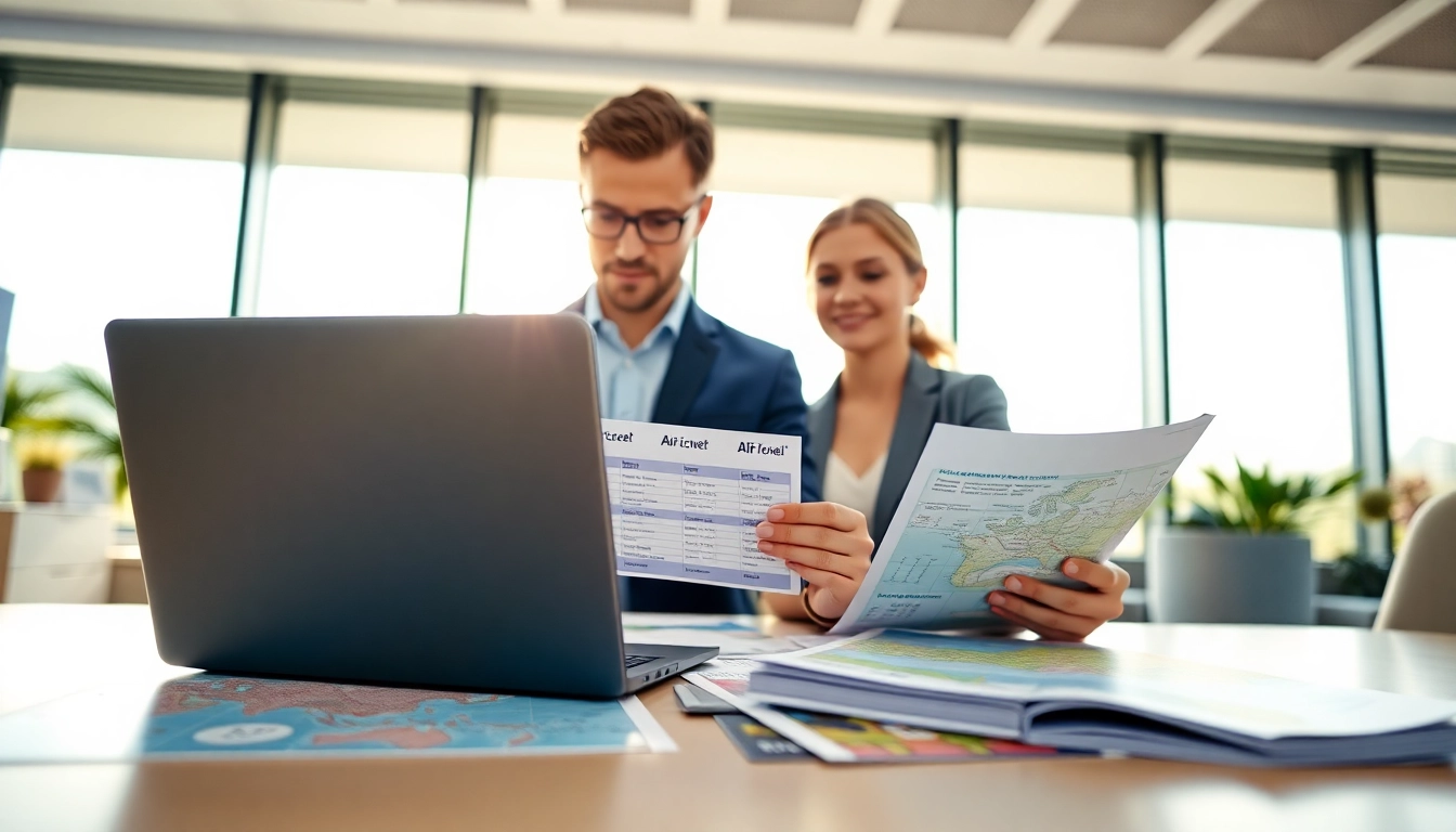 Travel agent assisting clients with air tickets in a bright, welcoming office setting