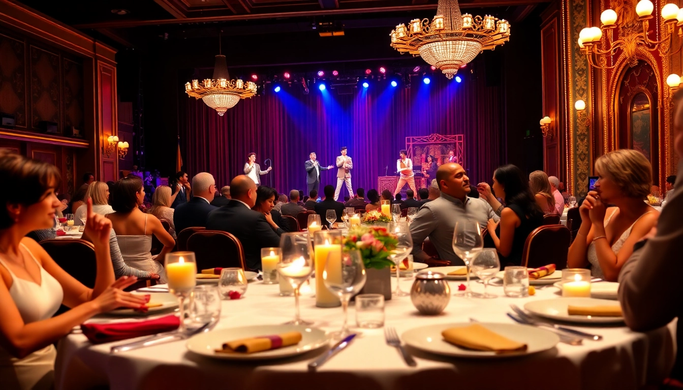 Guests enjoying dinner shows vegas in an elegant theater setting with vibrant lighting.