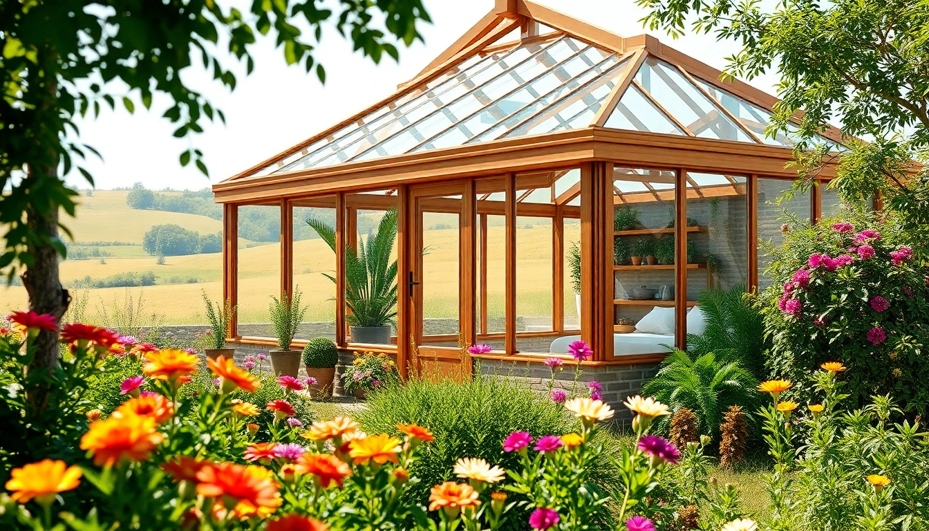 Showcasing a sunroom greenhouse kit with vibrant garden elements in a bright, natural setting.