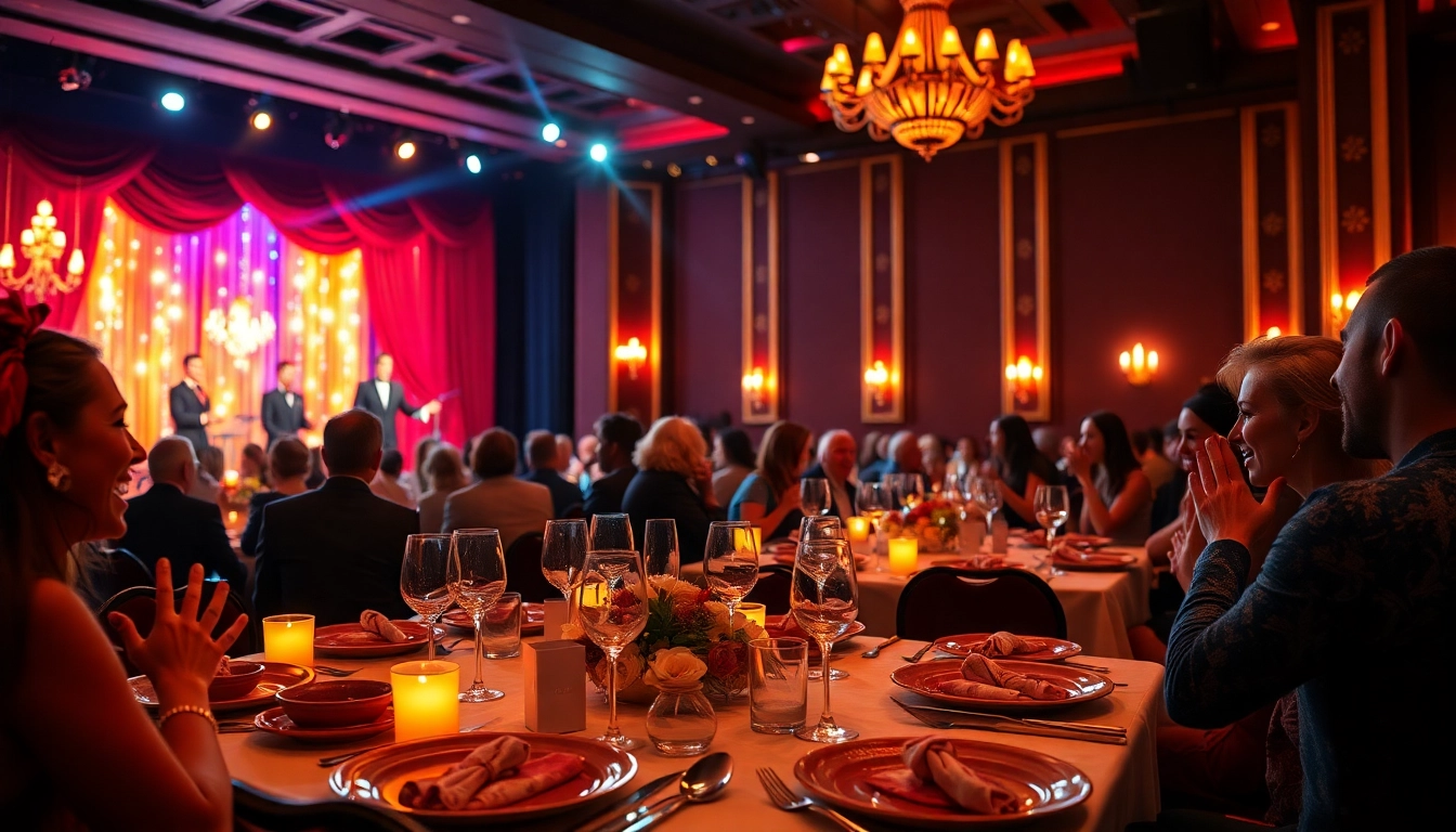 Guests enjoying a las vegas dinner theater performance with lively atmosphere and elegant dining.