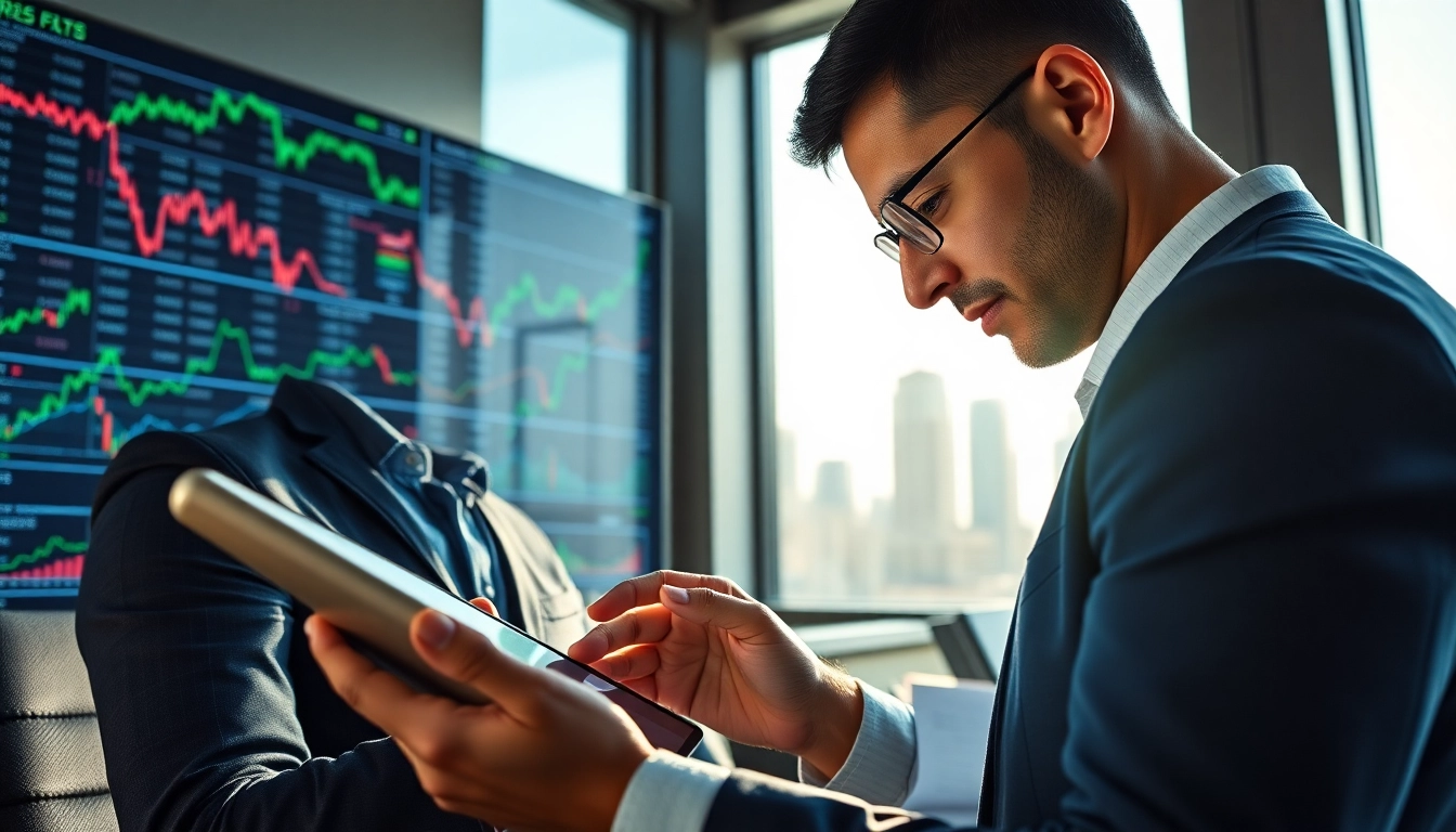 Engaging forex trader analyzing Best Forex Signals Telegram data on a tablet in a modern office.