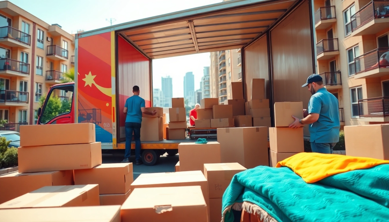 Efficient Cheap movers pack boxes into a vibrant truck, showcasing professionalism in a busy city.