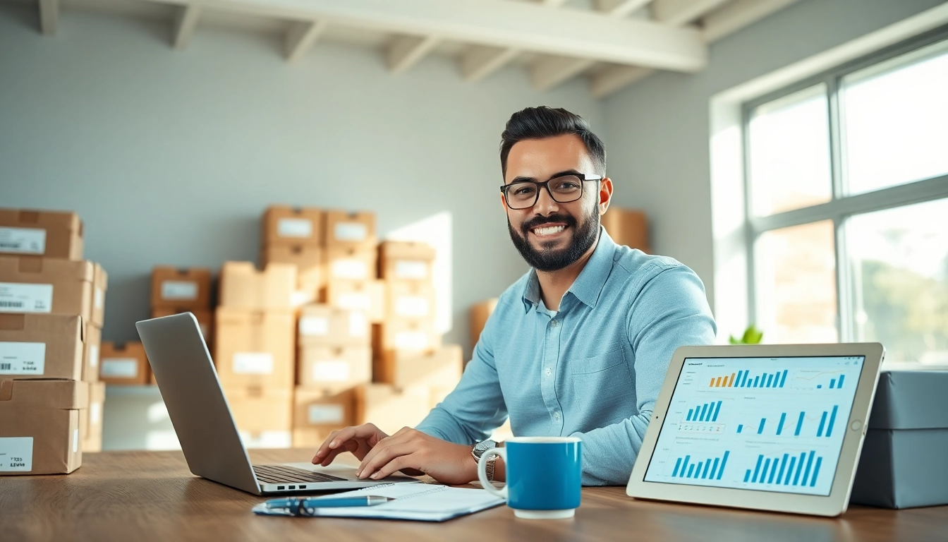 Amazon FBA wholesale seller organizing inventory in a bright workspace, highlighting productivity.