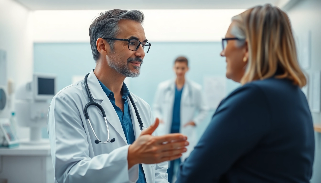 Dr. Parker consulting with a patient in a modern clinic, showcasing healthcare professionalism.