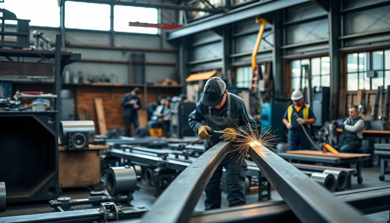 Skilled craftsmen at steel fabricators near me welding and shaping steel materials in a professional workshop.