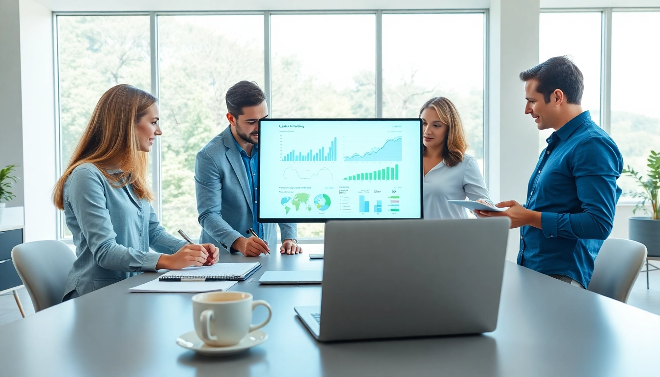 Team discussing strategies at a Link Building Agency in a modern office setting.