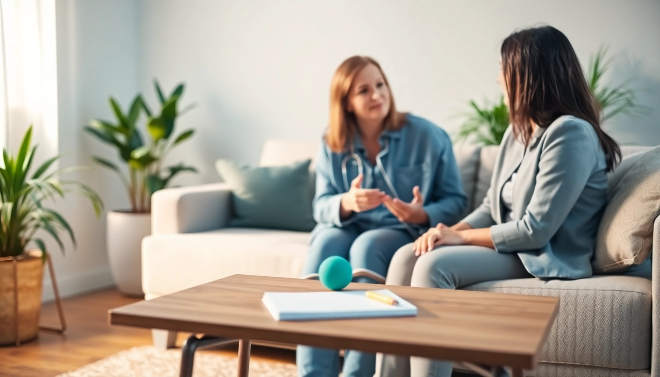 Therapist helping client with tips for dealing with anxiety in a serene office environment.