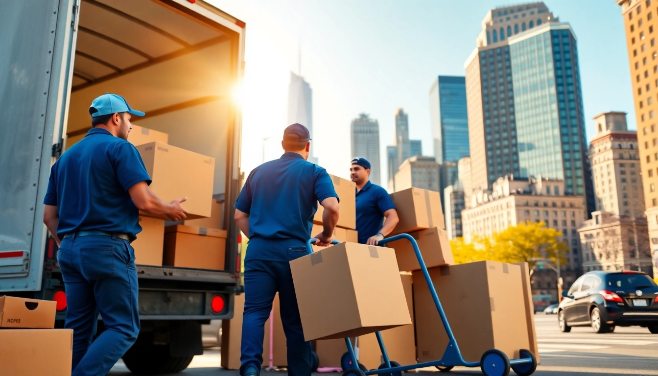 Manhattan movers efficiently loading boxes into a truck in a busy urban setting.