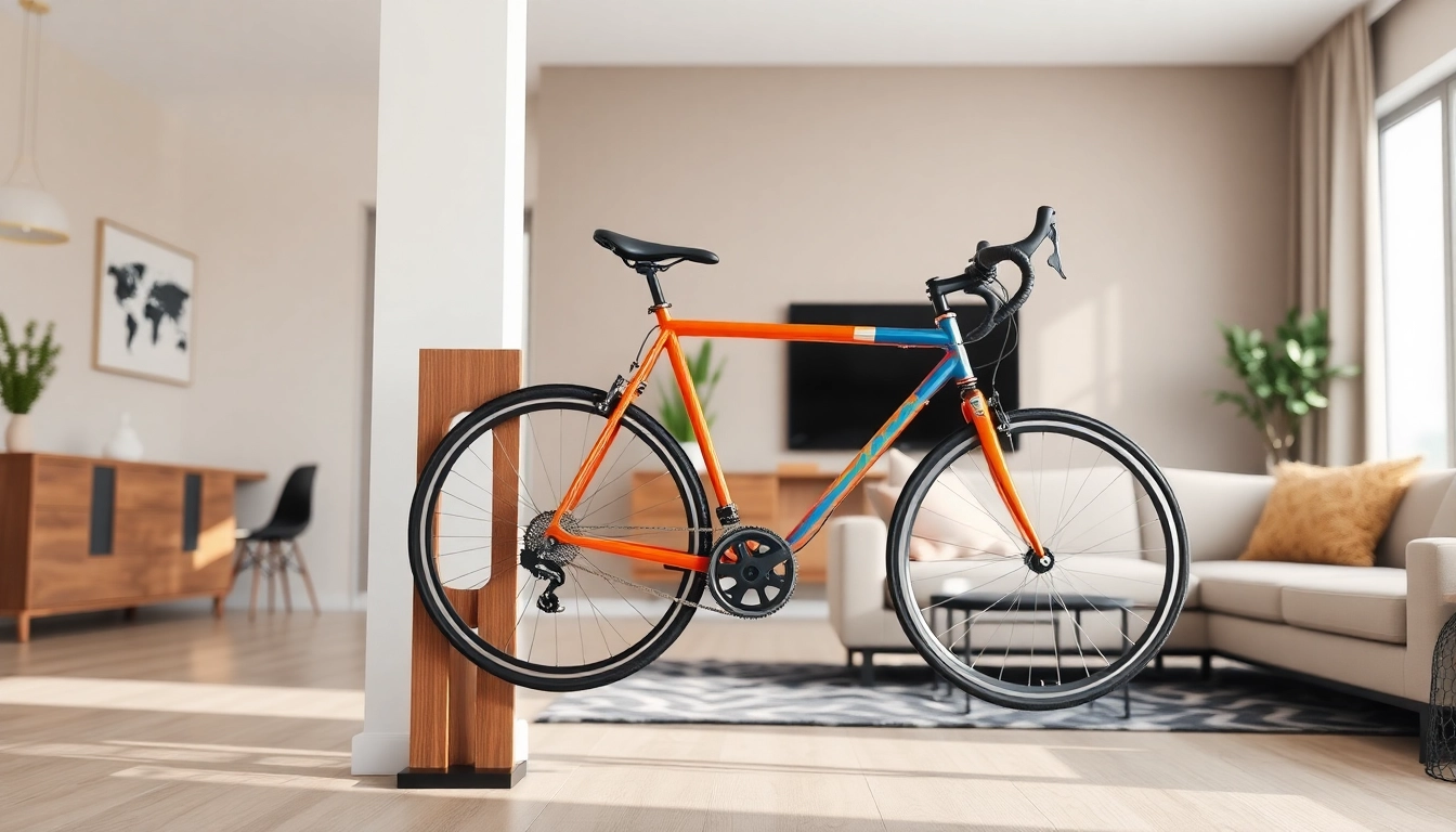 A stylish bike rack enhances modern home decor by showcasing a vibrant bicycle in a contemporary setting.