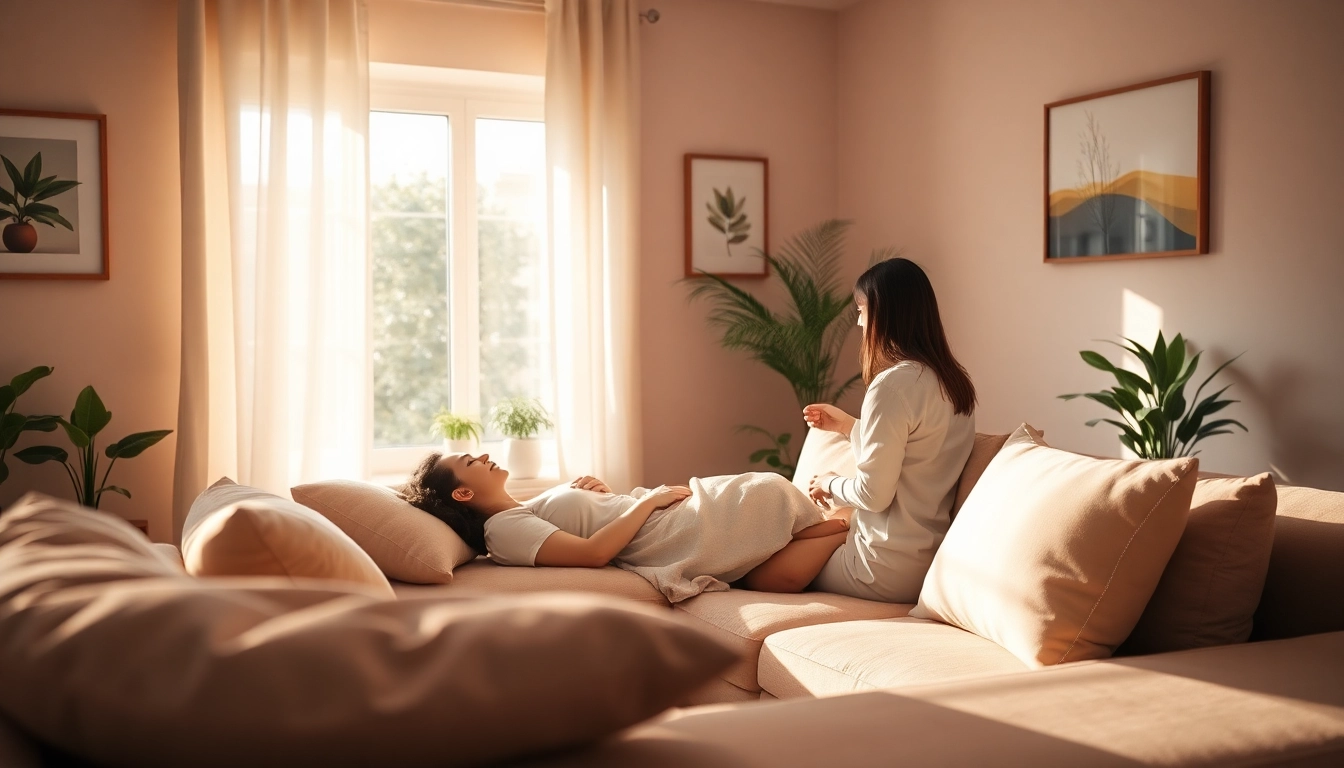 Hipnoza regresyjna Warszawa w spokojnym pomieszczeniu terapeutycznym z osobą na kanapie.