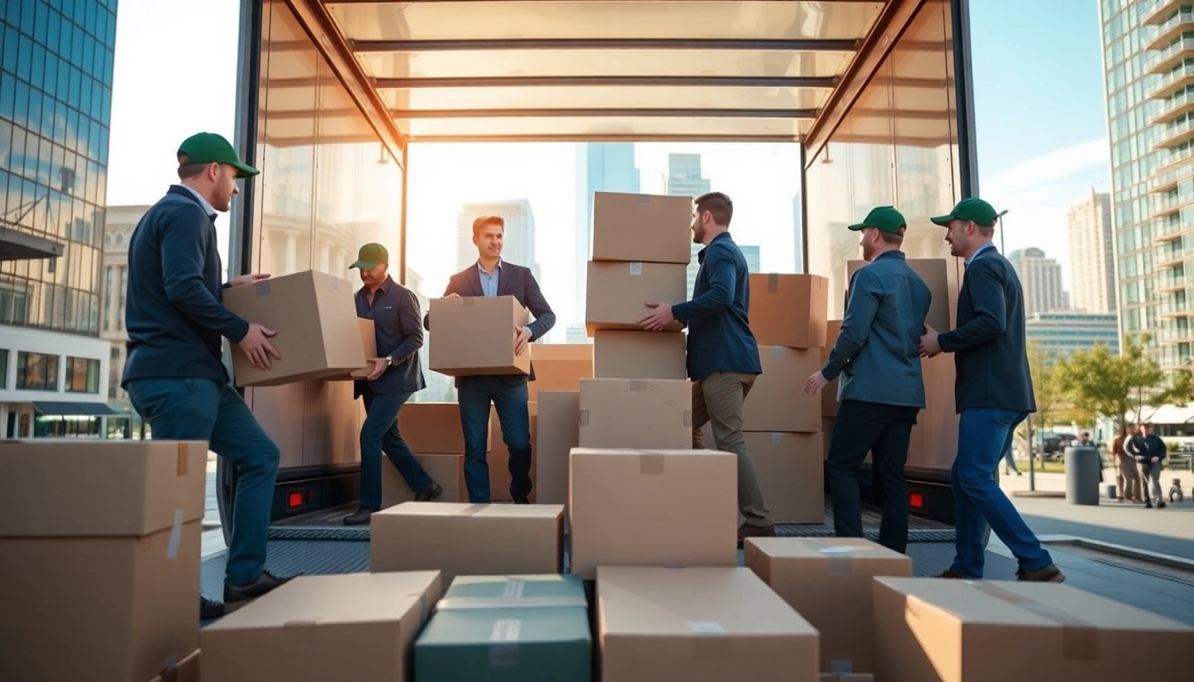 Movers Calgary team loading a moving truck efficiently in a bright urban setting.