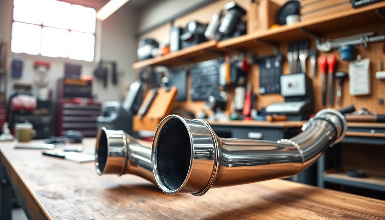 Showcasing s63 downpipes in a professional automotive workshop with tools and vibrant lighting.
