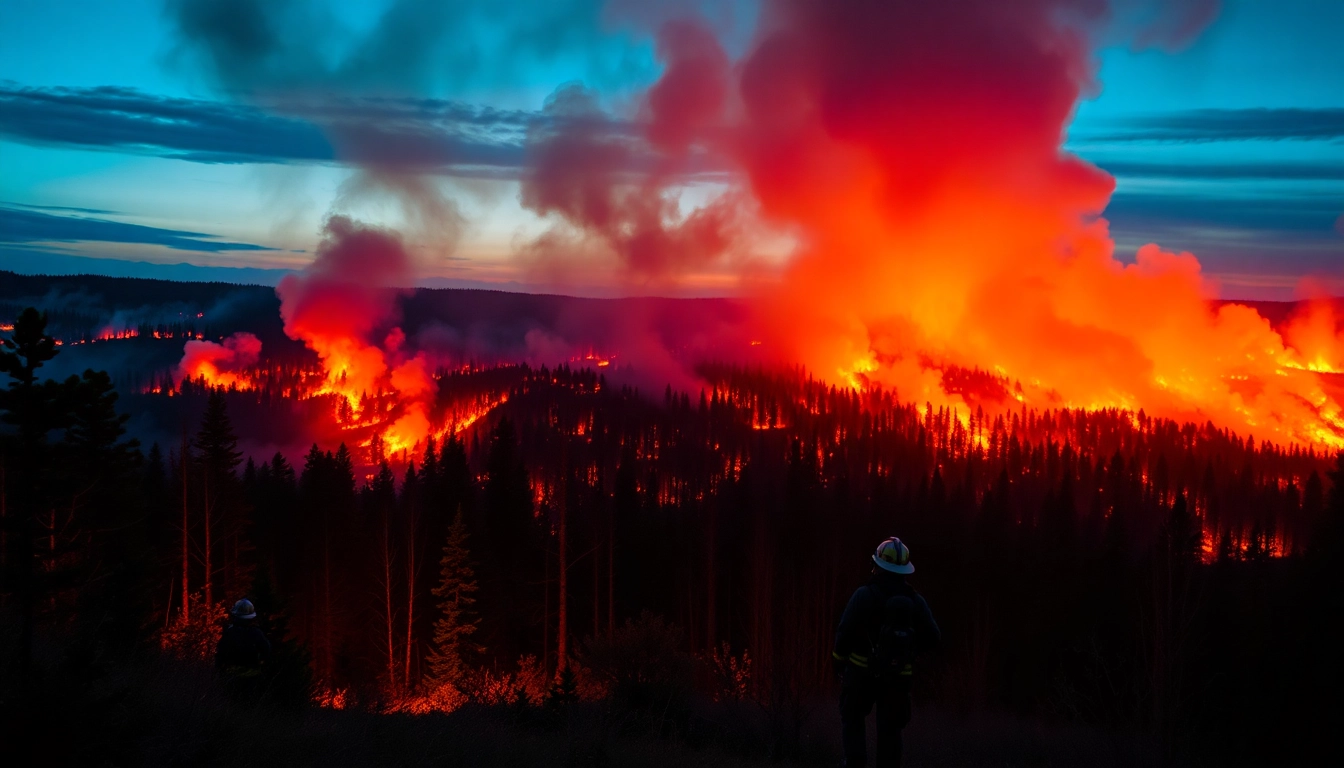 Firefighters battling wildfire events in a burning forest, showcasing urgency and resilience.