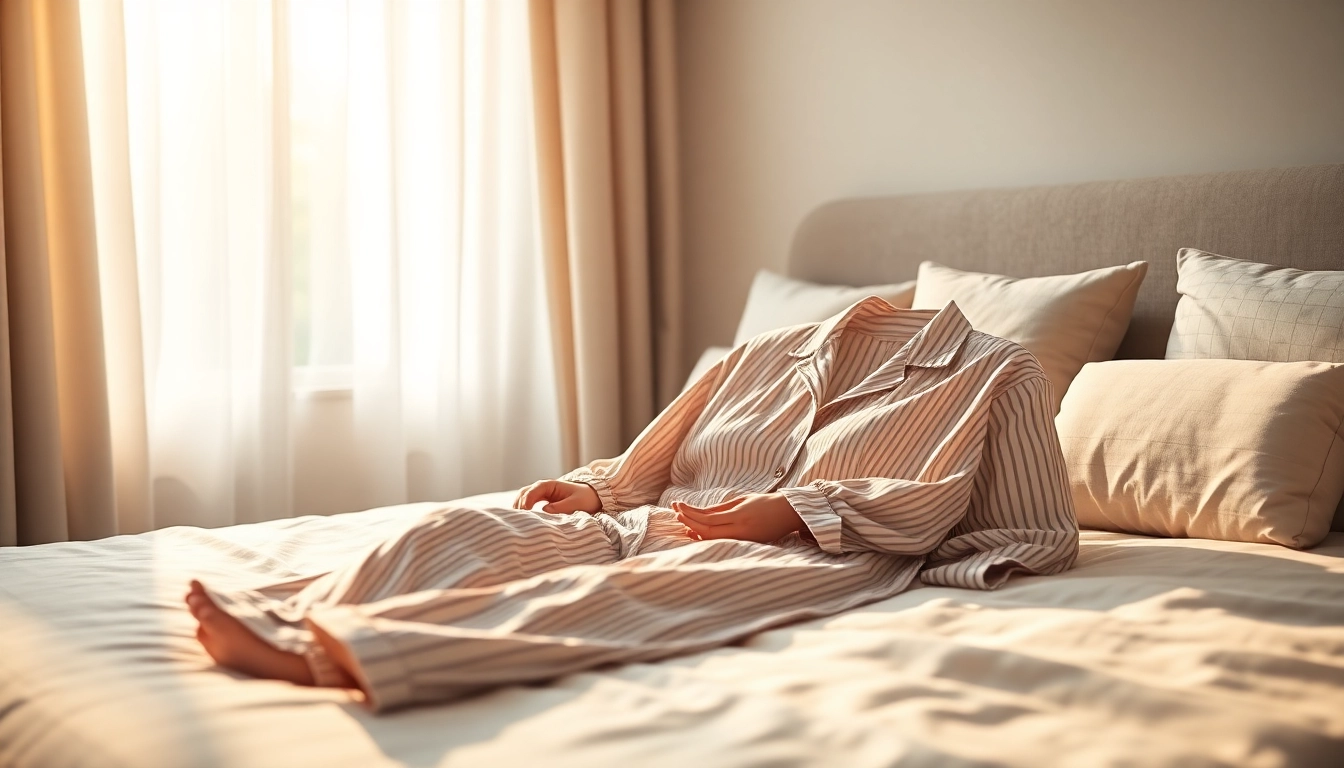 Showcase Bamboo pajamas elegantly displayed on a cozy bed in warm natural lighting.