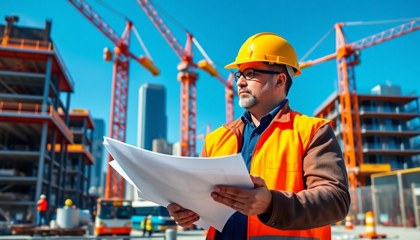 Manhattan Construction Manager leading a construction site with blueprints under vibrant skies.